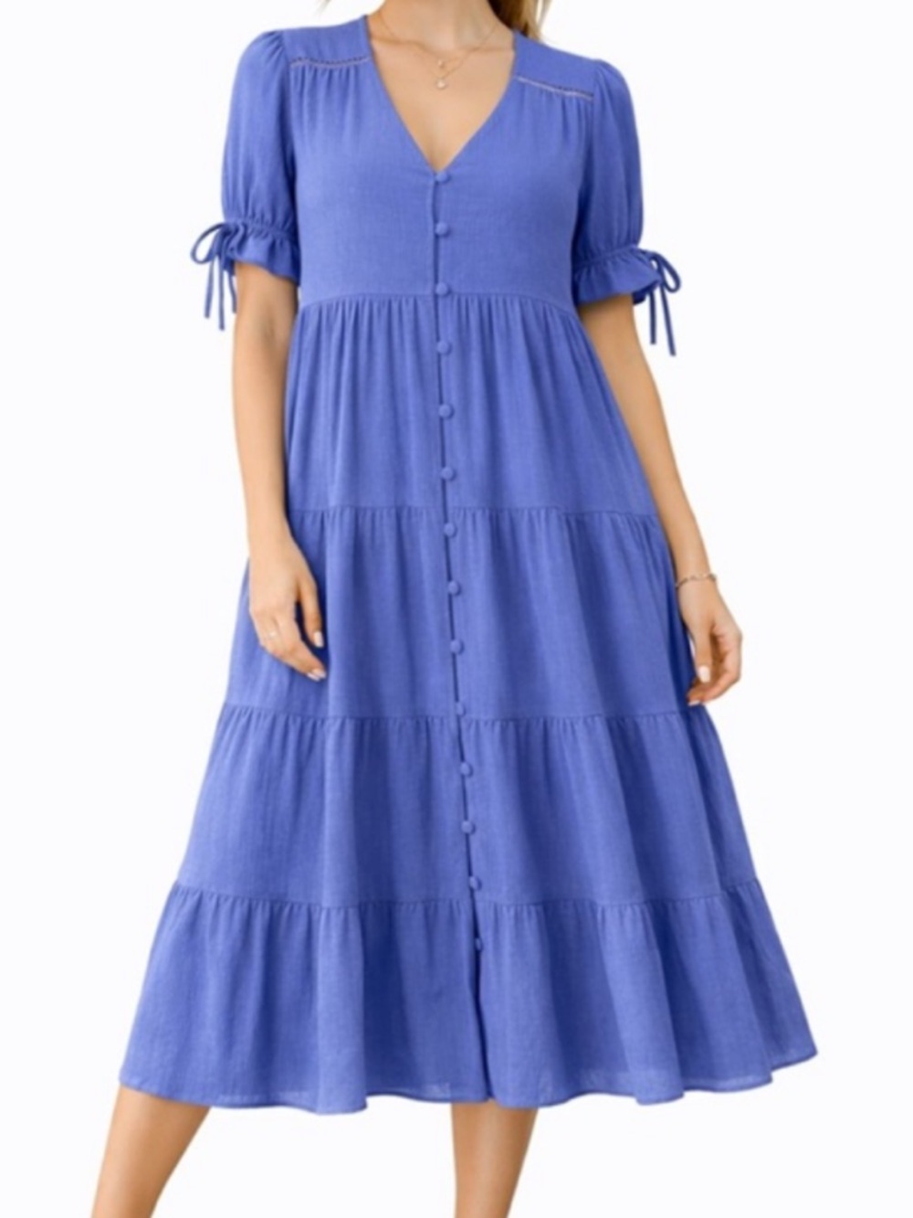 Blue Tiered Midi Dress Boho Cottagecore Button Front Puff Sleeve NWOT Small/Med - Picture 6 of 12